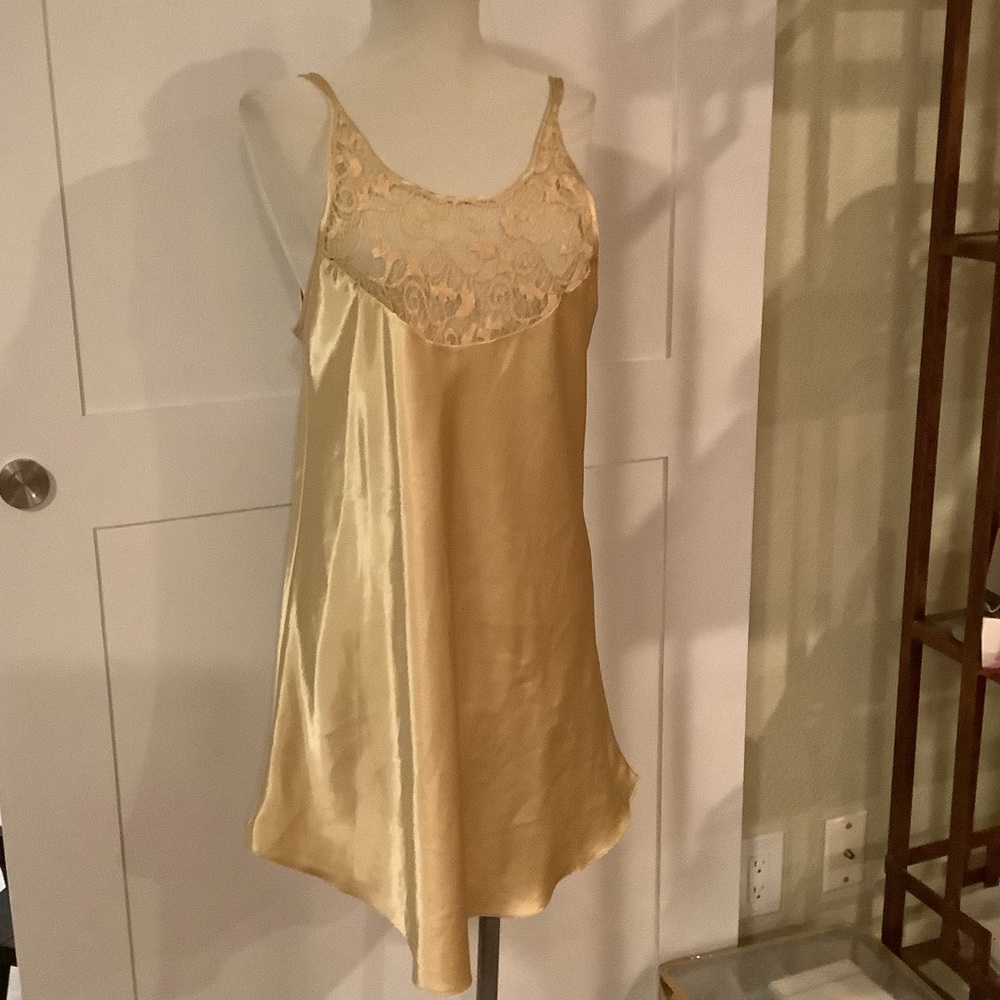 Vintage Secret Treasures Silky Midi Nightgown Lace Bodice~V Back~Swirl Hem